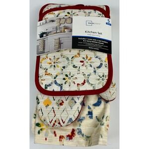 Mainstays 5 Pc Kitchen Set Oven Mitt Pot Holders Towels Multicolor New
